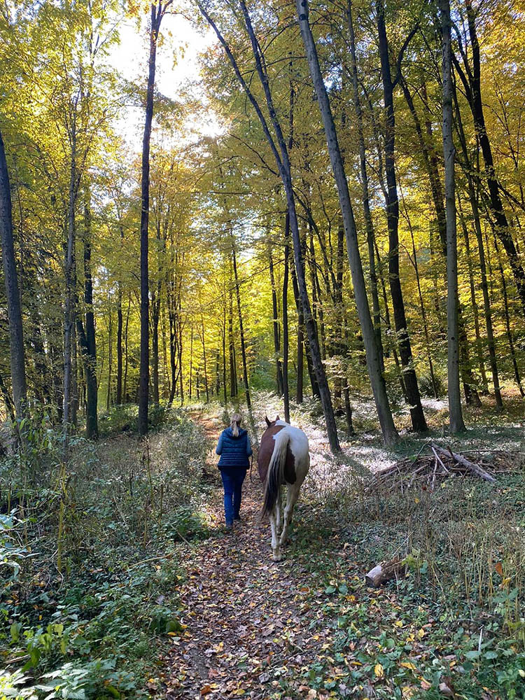 Verena mit Badgi im Wald